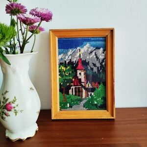 Framed Cross-Stitch Mountain Scene Wall Art